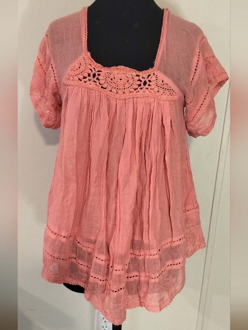 Women’s Pink Crochet Yoke Peasant Top